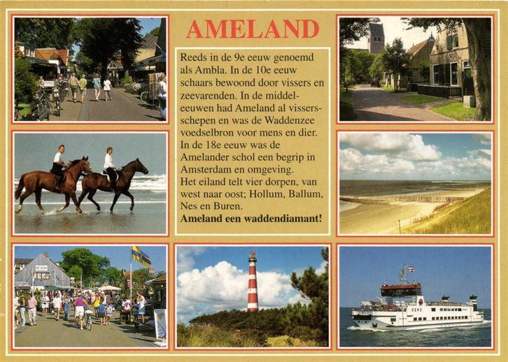 Ameland - 7 afb o.a. dorpen vuurtoren - gelopen, Verzamelen, Ansichtkaarten | Nederland, Gelopen, Waddeneilanden, Voor 1920, Ophalen of Verzenden