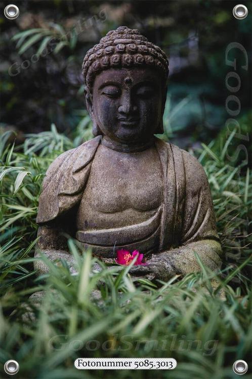 Tuinposter-Schuttingposter Buddha met roze bloemetje 70x105, Tuin en Terras, Tuinwanddecoratie, Nieuw, Verzenden