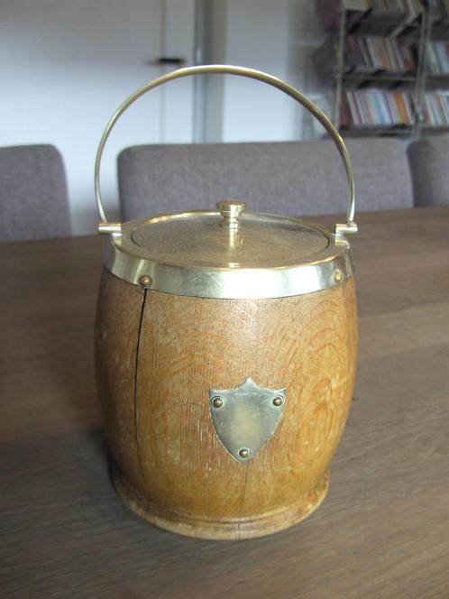 Oude houten koekjespot/theebus met porseleinen binnenkant, Antiek en Kunst, Curiosa en Brocante, Ophalen of Verzenden