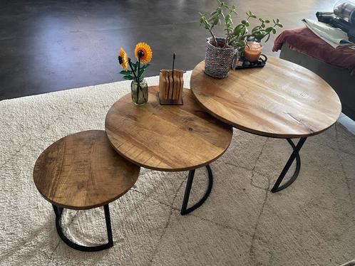 Mangohouten salontafels, Huis en Inrichting, Tafels | Salontafels, Zo goed als nieuw, Minder dan 50 cm, 50 tot 100 cm, Rond, Ophalen
