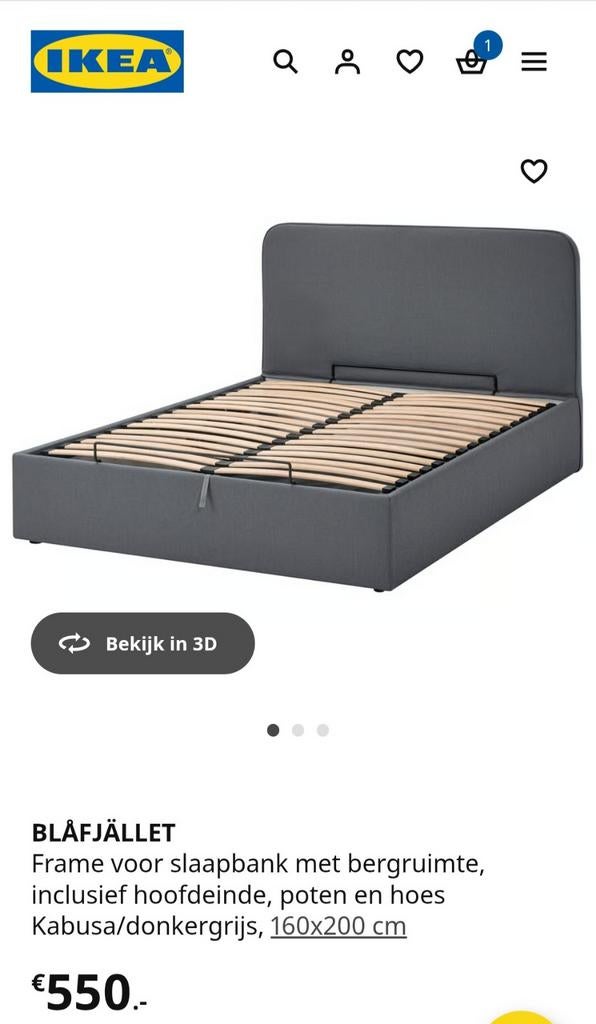 Nieuwe BLÅFJÄLLET bedframe met opbergruimte, 160x200 cm, Ophalen, 200 cm, Grijs, 160 cm