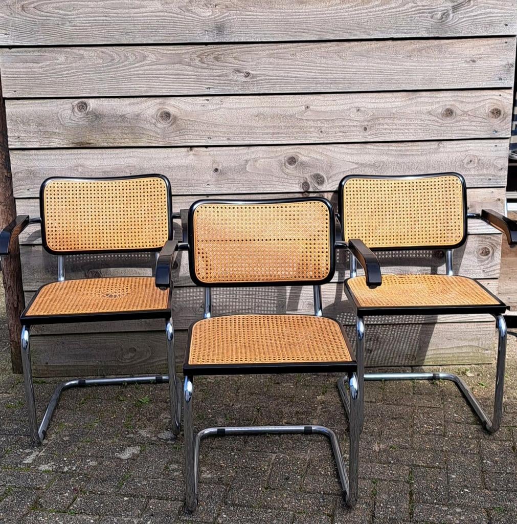 3 stuks vintage Gavina Cesca stoelen, Huis en Inrichting, Stoelen, Gebruikt, Drie, Hout, Metaal, Riet of Rotan, Zwart, Ophalen