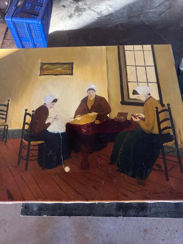 Olieverfschilderij: Drie Vrouwen aan het Handwerken, Ophalen of Verzenden