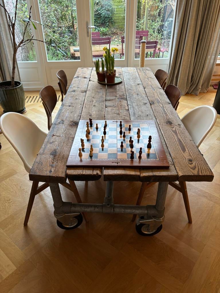 Steigerhouten eettafel met steigerbuizen onderstel, Ophalen, Gebruikt, 200 cm of meer, 50 tot 100 cm