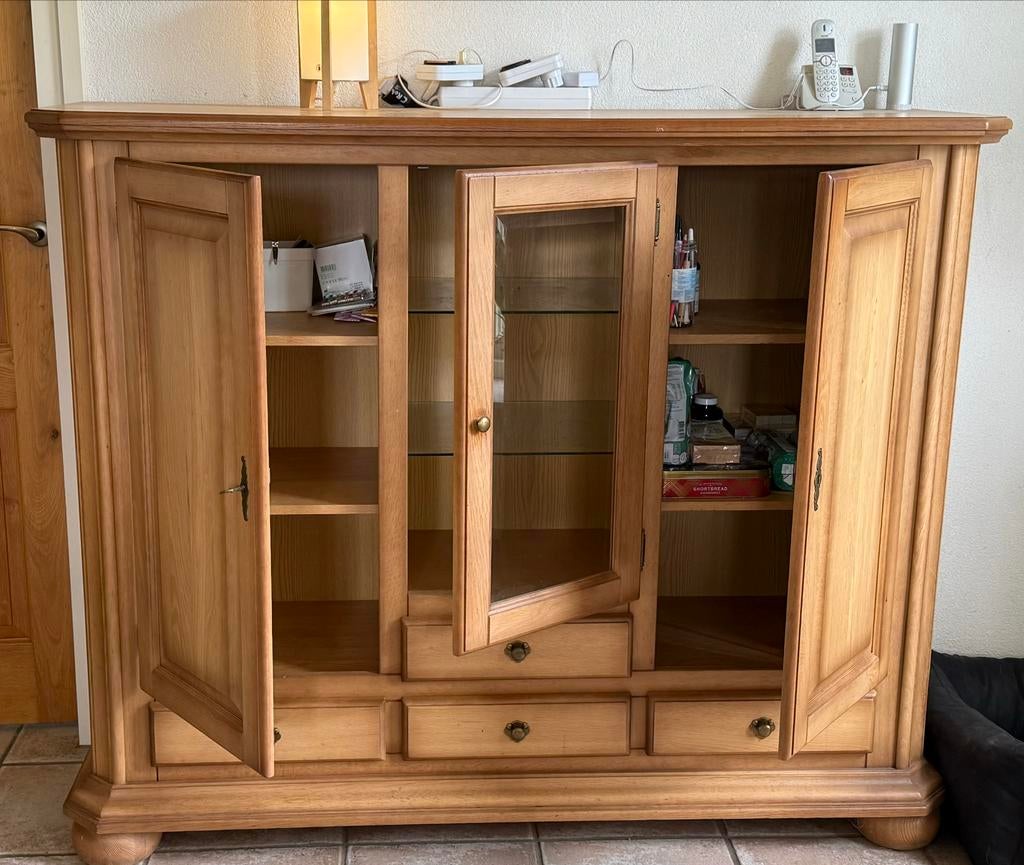 Gratis: Massief eiken dressoir met vitrine en lades, Ophalen, Gebruikt, 100 tot 150 cm, 150 tot 200 cm