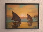 Schilderij Frederik Kasenda 1934 met boten en zonsondergang, Antiek en Kunst, Ophalen of Verzenden
