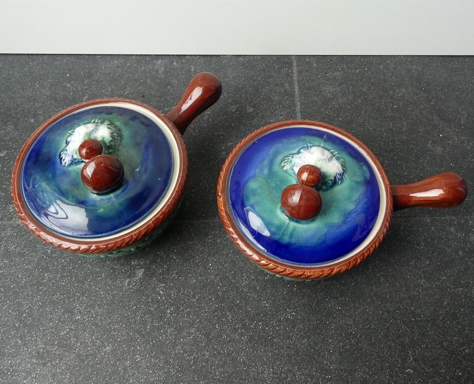 Soepkommen paddenstoel terrine cocotte 2x groen blauw, Gebruikt, Ophalen of Verzenden, Kom(men), Overige stijlen