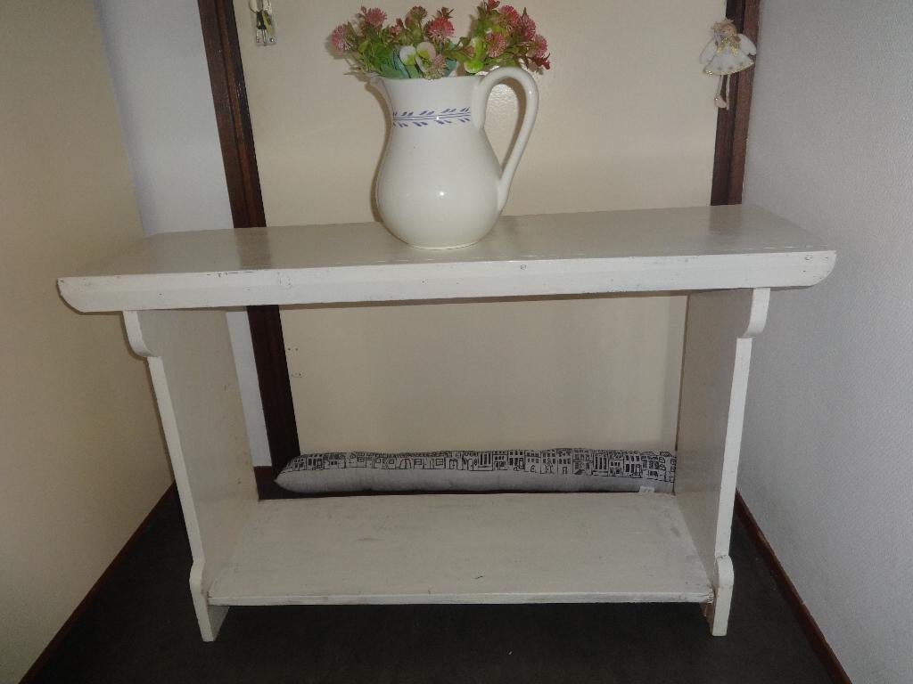 Brocante.  bankje, Ophalen, Hout, Wit, Gebruikt