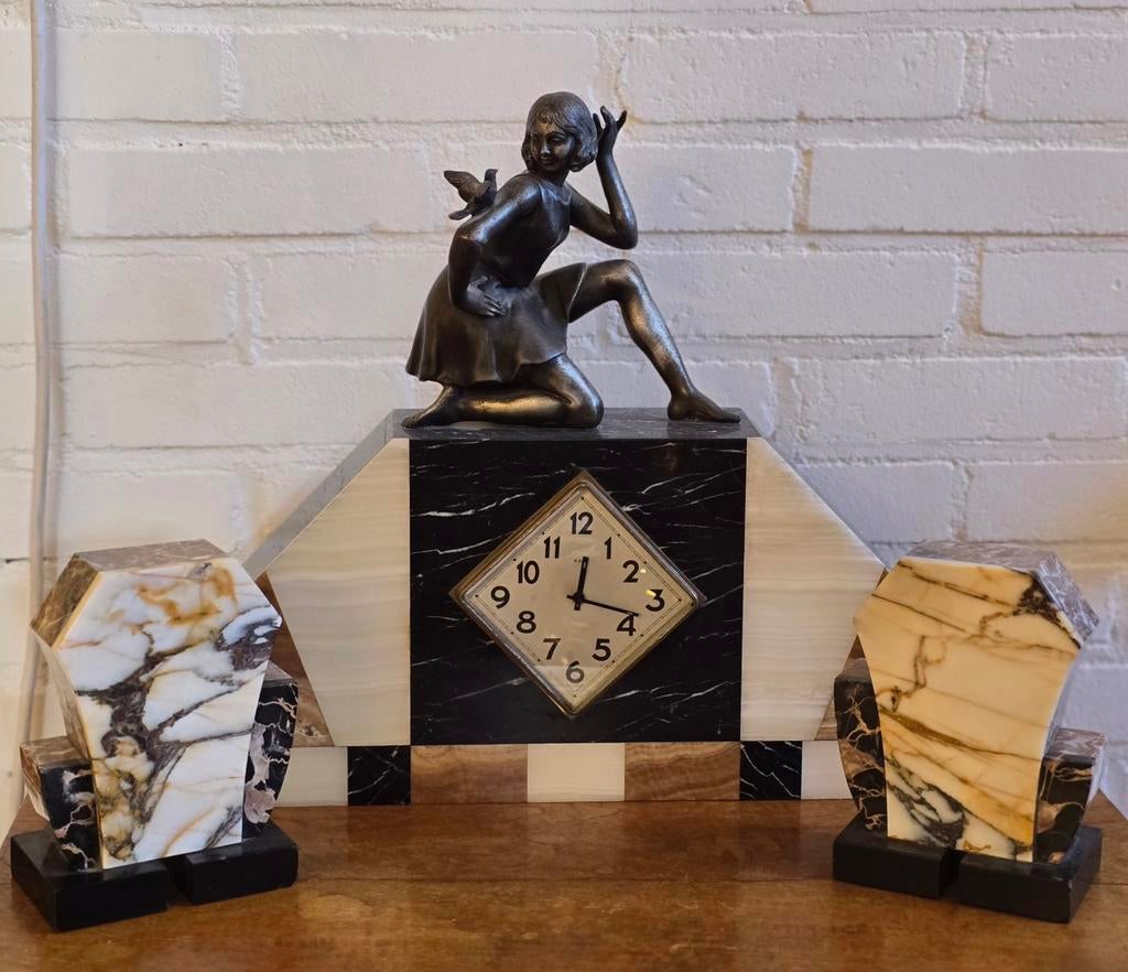 Art Deco Klok Ca1925 Frankrijk 3-delig marmer, Antiek en Kunst, Ophalen