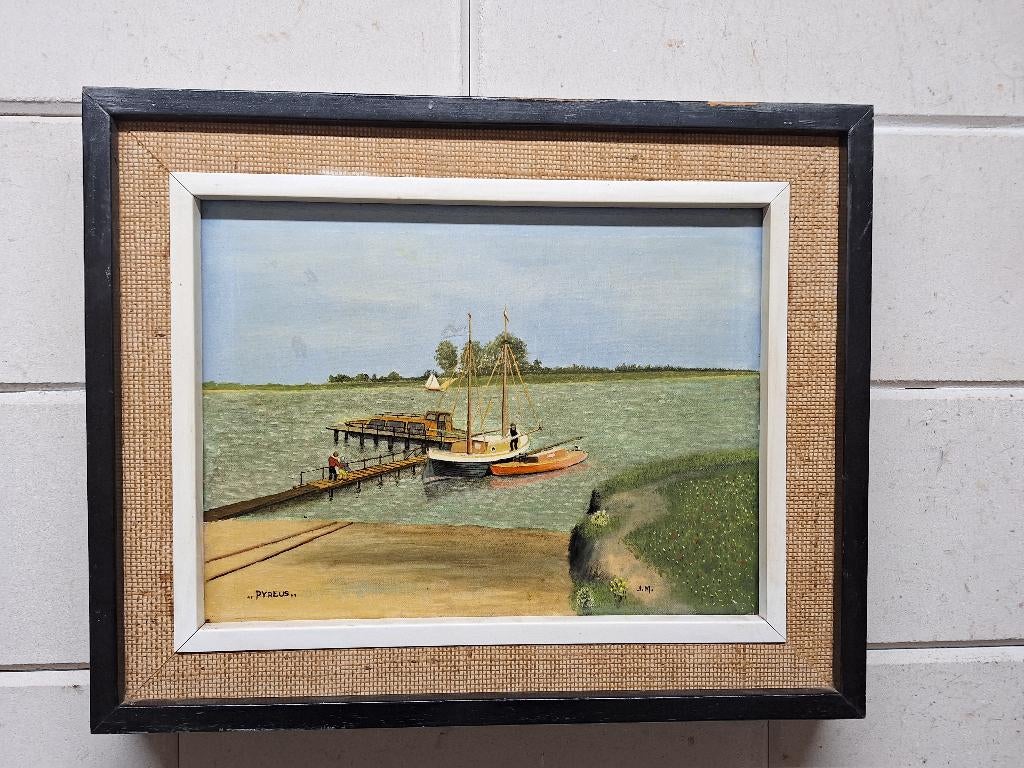 Zicht over het IJsselmeer met aangelmeerde boten, Antiek en Kunst, Kunst | Schilderijen | Klassiek, Ophalen of Verzenden