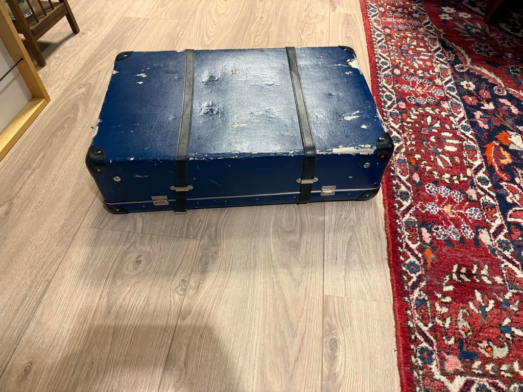 Vintage koffer blauw met zwarte riemen 44x41x18, Ophalen