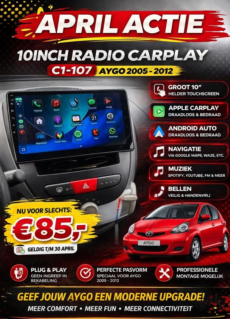‼️APRIL ACTIE ‼️NIEUWE 10"RADIO CARPLAY C1-107 AYGO 2005 201, Ophalen of Verzenden, Nieuw