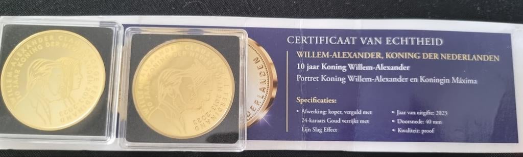 2 vergulde munten Willem-Alexander en Máxima 2023, Ophalen of Verzenden