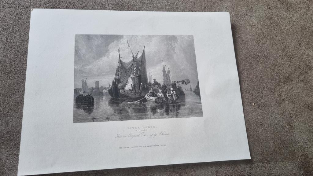 Antieke Gravure 'River Dorte, Holland' - Landschap, 1800 - 1899, Ophalen of Verzenden, Landschap, Origineel