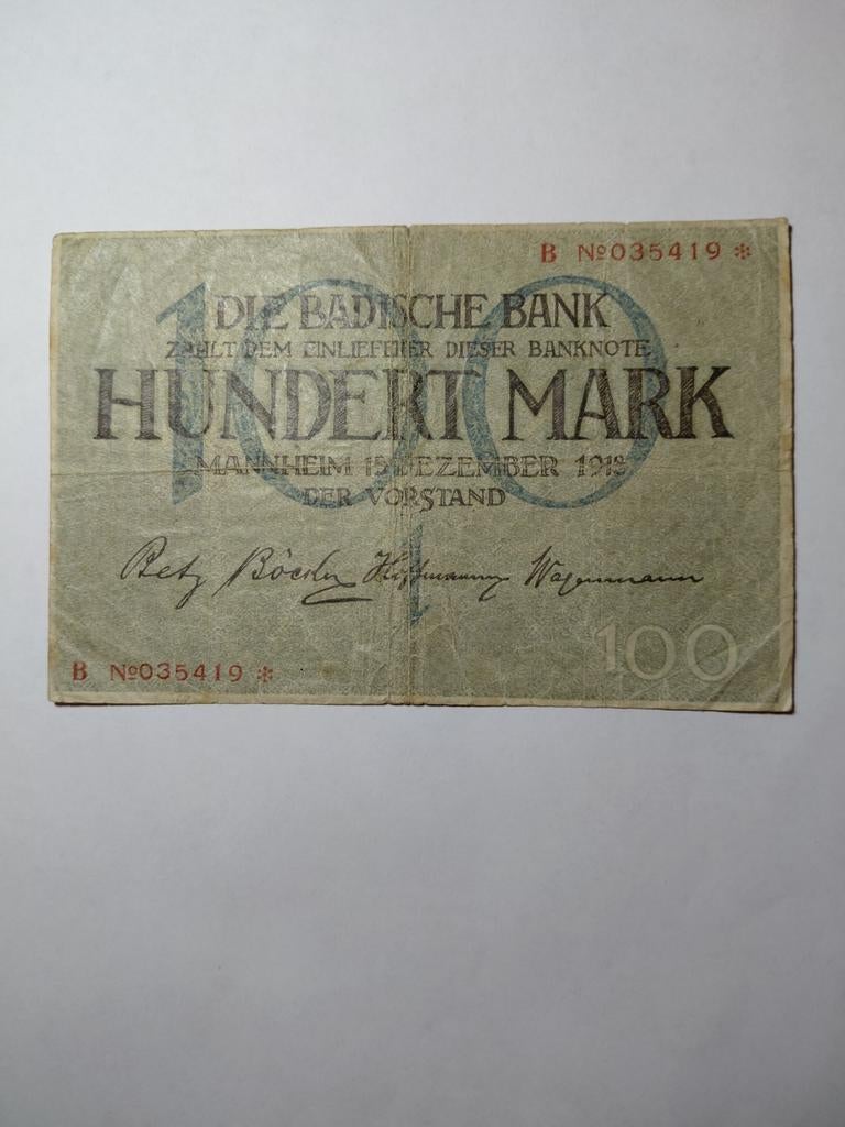 Badische 100 mark 1918 Duitsland, Ophalen of Verzenden, Duitsland