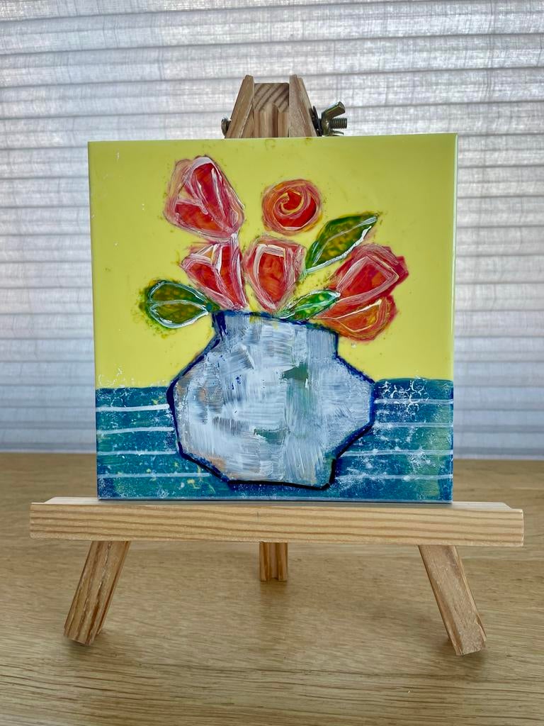 Uniek Handbeschilderd Tegeltje 15x15 cm VAAS MET TULPEN 🌷, Ophalen of Verzenden
