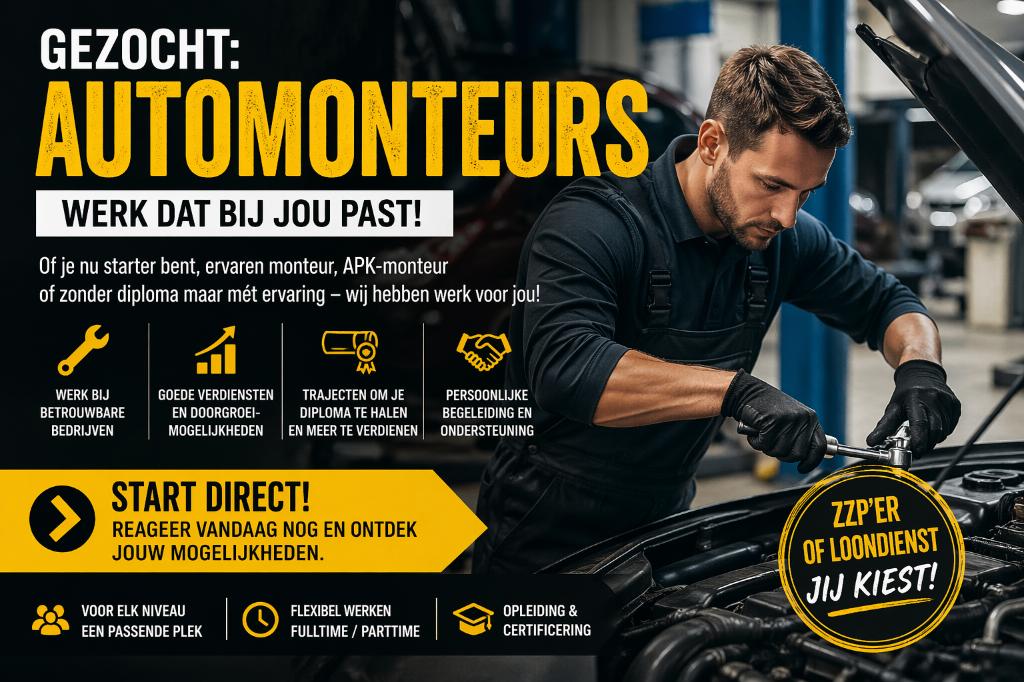 Gezocht: Automonteurs (alle niveaus) – Start direct!, Vanaf 1 jaar, LBO / VMBO, 33 - 40 uur, Geschikt als bijbaan