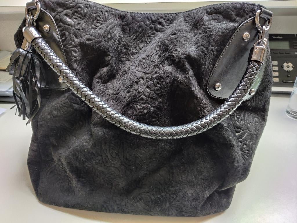 Grote handtas, zwart opgeruwd leer, Silvo Tossi, Ophalen of Verzenden, Zo goed als nieuw, Zwart, Handtas