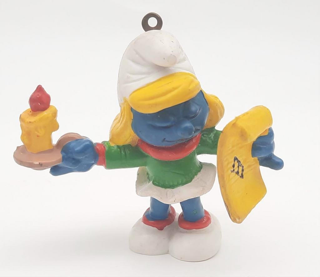 Zingende Kerst Smurfin met kaars en muziekblad 1981, Verzamelen, Ophalen of Verzenden, Gebruikt, Smurfin, Poppetje, Figuurtje of Knuffel