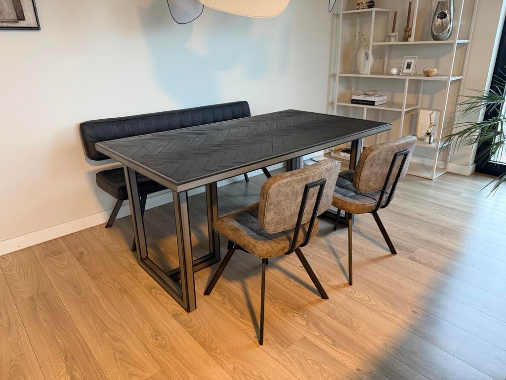 Houten visgraat eettafel 160x90 cm + Loods5 bank en stoelen, Huis en Inrichting, Tafels | Eettafels, Ophalen, Gebruikt, 50 tot 100 cm