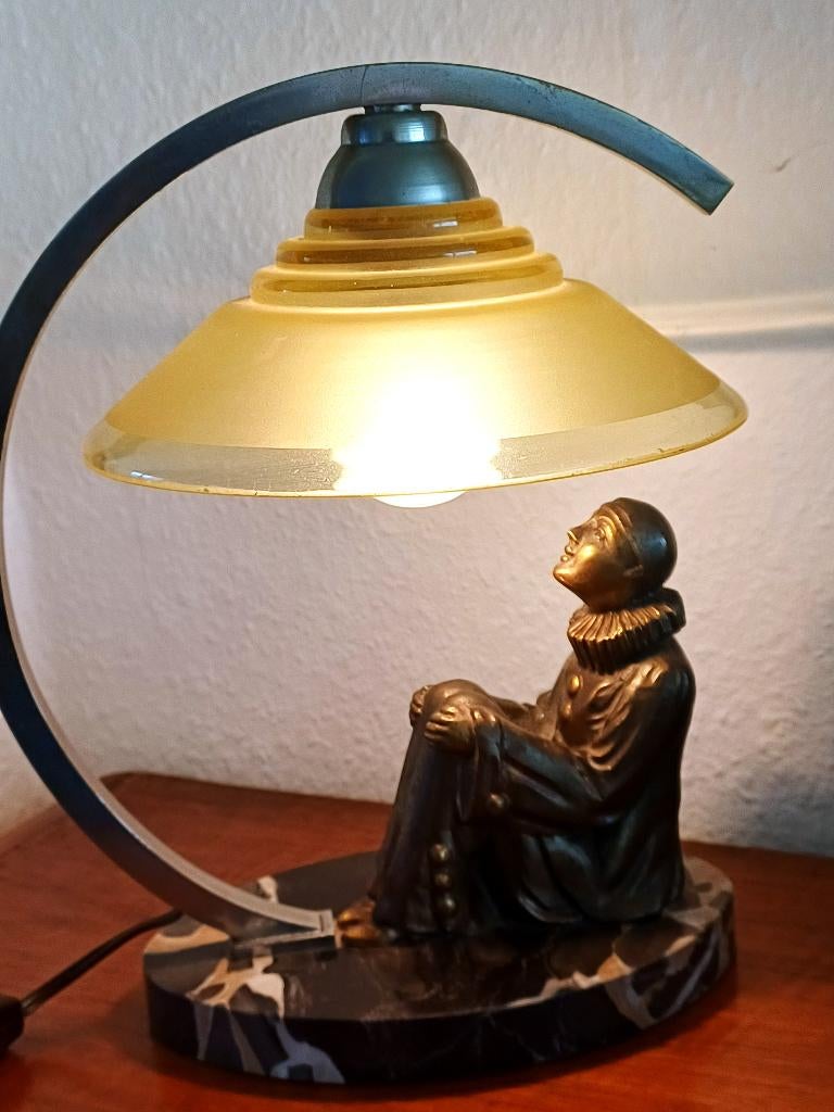 art deco lamp, beeldje pierrot brons, marmer Frankrijk, Ophalen of Verzenden, Brons