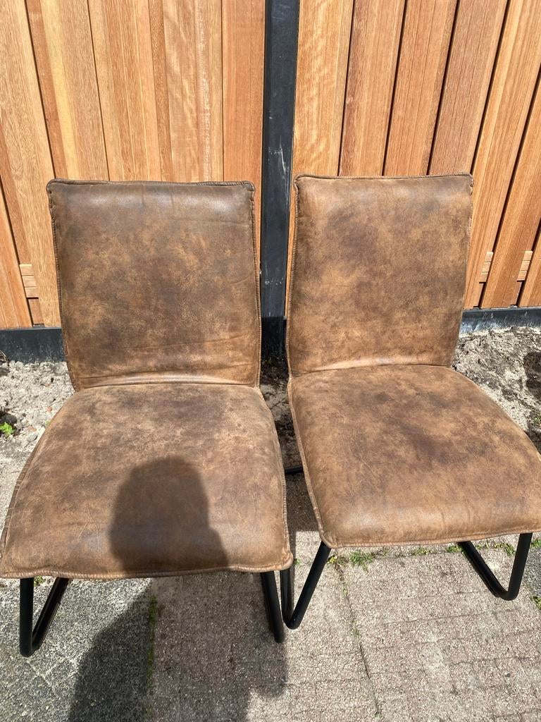 Set van 2 bruine leren eetkamerstoelen, Huis en Inrichting, Stoelen, Gebruikt, Twee, Leer, Bruin, Ophalen