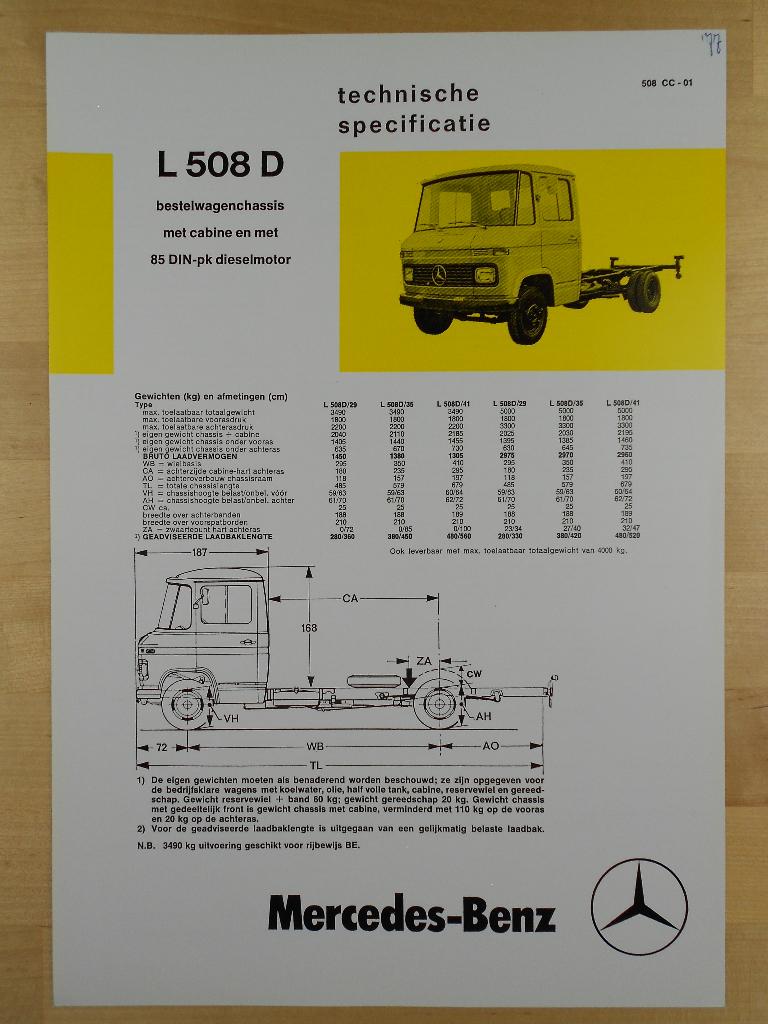 Mercedes 508 D Technische Specificatie Brochure 1977 CC 508D, Zo goed als nieuw, Mercedes-Benz, Mercedes, Ophalen of Verzenden