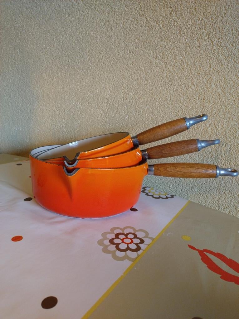 Le Creuset pannenset, 3 stuks, Ophalen, Gebruikt, Gietijzer, Koekenpan of Braadpan