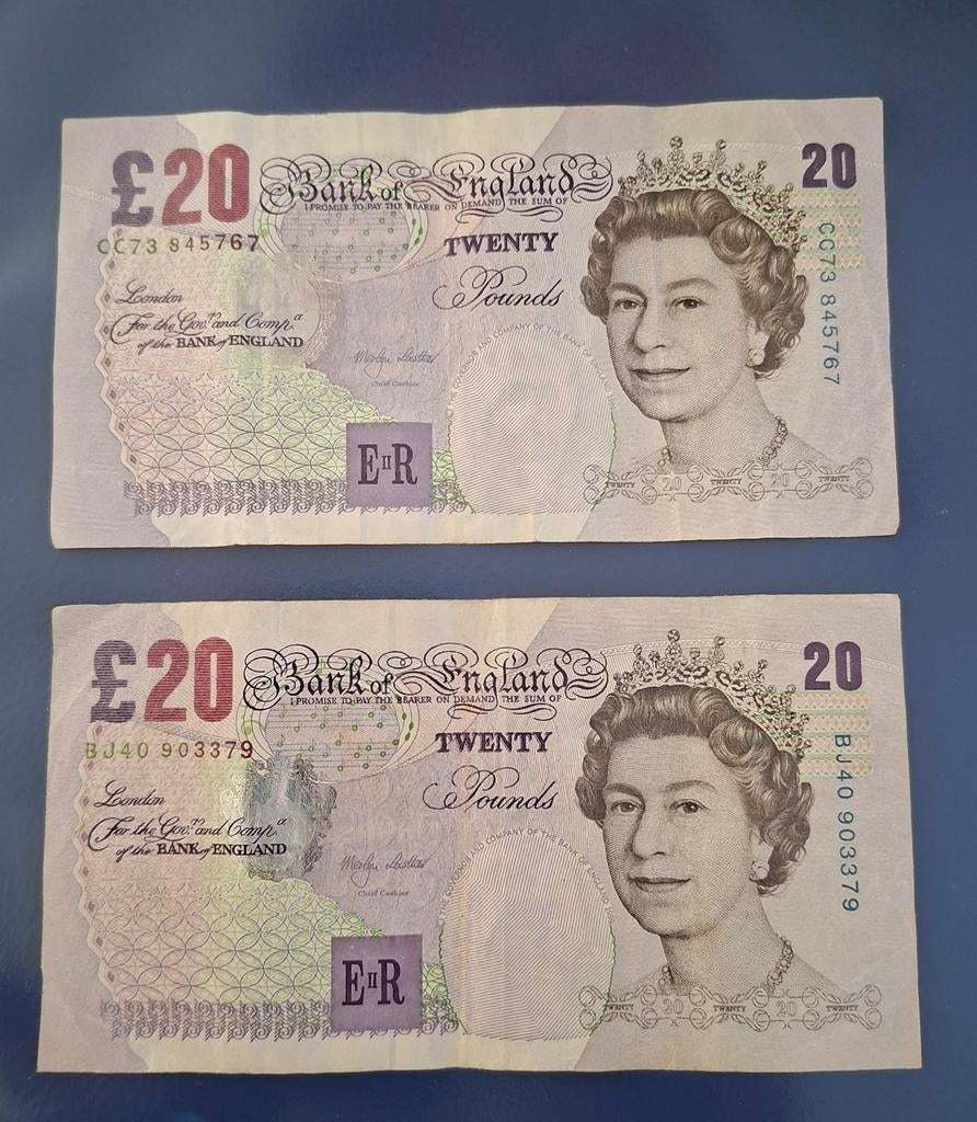 2x Britse 20 Pond biljetten - Koningin Elizabeth II, Ophalen of Verzenden, Overige landen