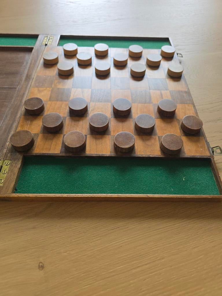 19de eeuws antiek Amerikaans dambord in houten koffer €59, Ophalen of Verzenden