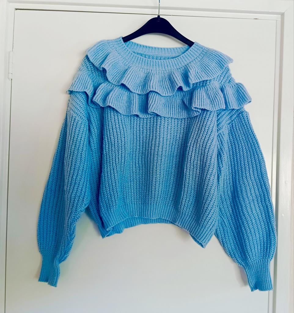 Super mooie blauwe vintage trui met ruches! (ZGAN!), Ophalen of Verzenden, Zo goed als nieuw, Maat 36 (S), Blauw