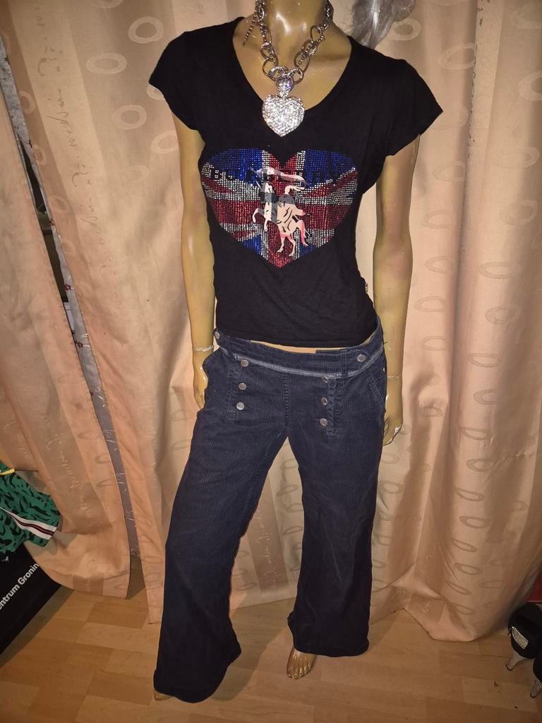 Donkerblauwe ribbroek met knopen van vanilia maat 40 zgan, Maat 38/40 (M), Blauw, Vanilia, Ophalen of Verzenden