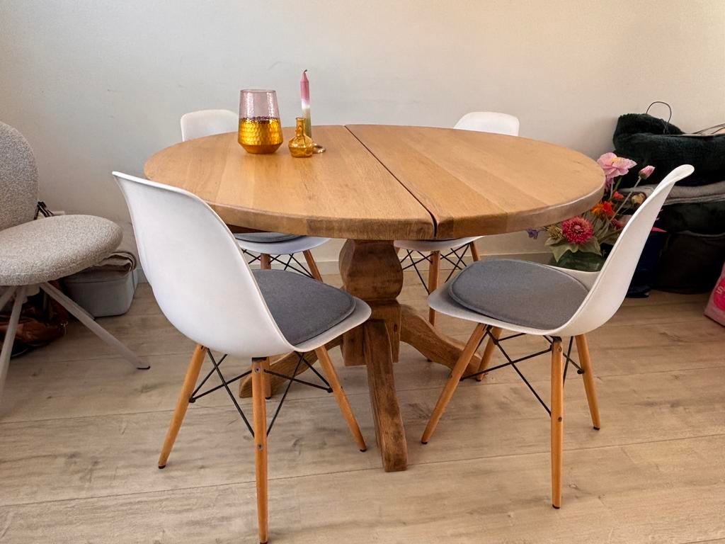 Ronde uitschuifbare eettafel bolpoot eiken 120-160, Huis en Inrichting, Tafels | Eettafels, Ophalen, Gebruikt, 100 tot 150 cm