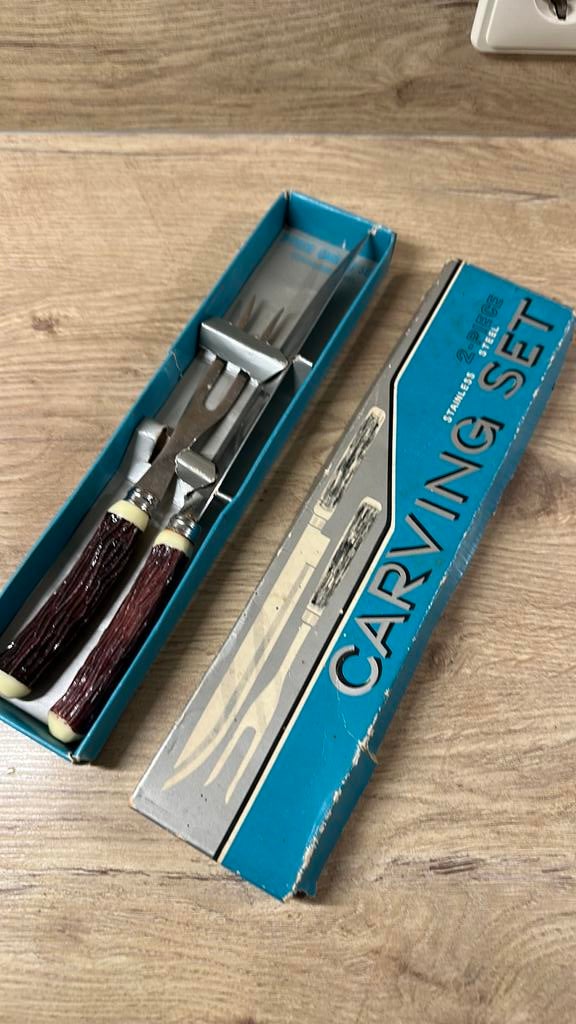 Vintage set mes en vork, Ophalen of Verzenden, Zo goed als nieuw, Rvs of Chroom