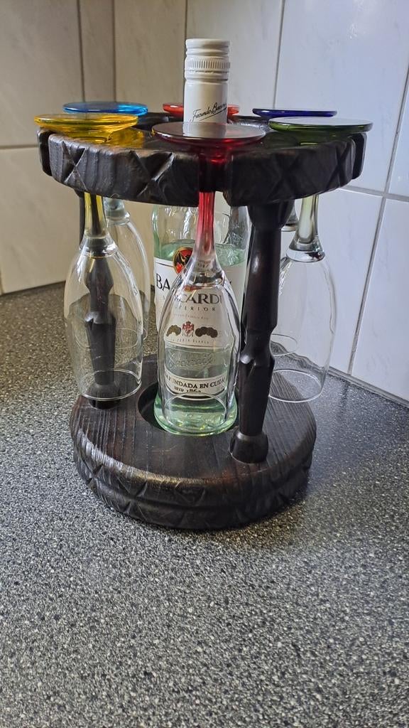 Vintage houten drankrekje met glazen, Ophalen of Verzenden, Zo goed als nieuw, N.v.t, N.v.t