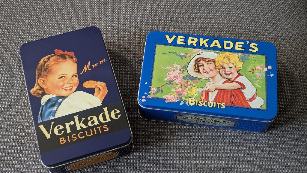 Vintage Verkade blikken / Verkade koektrommels 2 stuks, Ophalen of Verzenden, Zo goed als nieuw, Koek(jes), Verkade
