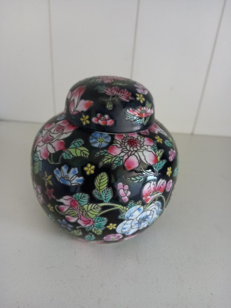 Vintage zwarte gemberpot met bloemenpatroon, Ophalen of Verzenden