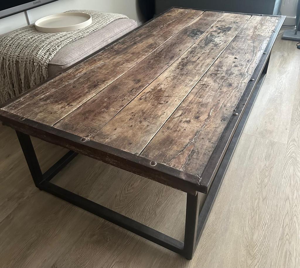 Landelijke houten salontafel met roestbruin stalen frame, Gebruikt, 150 tot 200 cm, Minder dan 50 cm, Rechthoekig