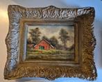 Oud schilderij: Rode boerderij in landschap met gipsen lijst, Ophalen of Verzenden