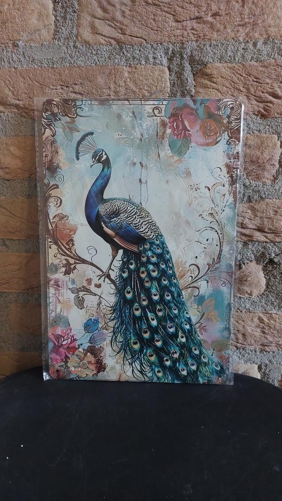 Aluminium bordje met pauw, 20x30cm, Huis en Inrichting, Metaal, 30 cm, Industrieel, 20 cm