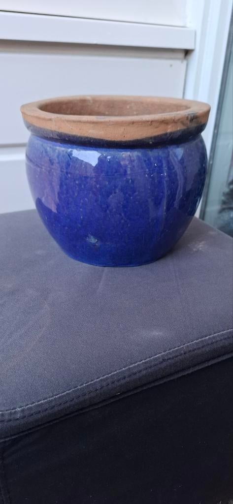 Blauw geglazuurde bloempot, Ophalen, Rond, Zo goed als nieuw, Minder dan 40 cm