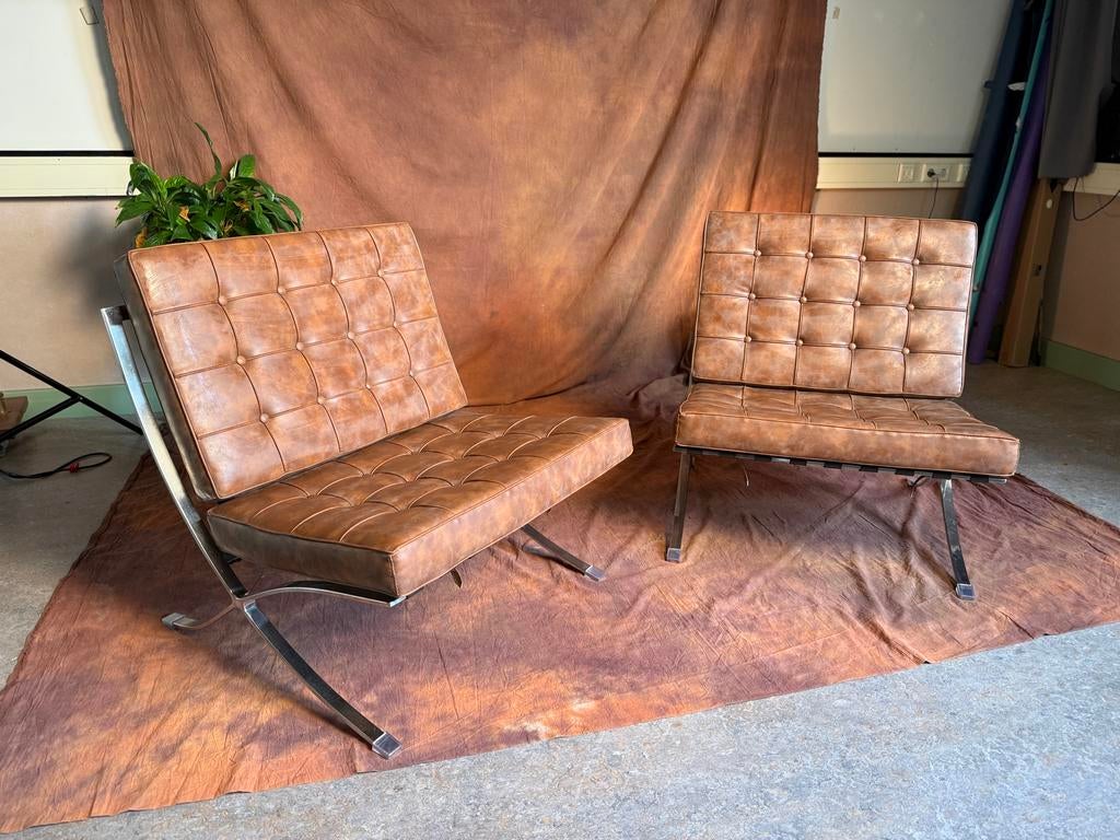 Barcelona stoelen (2 stuks) - Cognac leer, Huis en Inrichting, Stoelen, Ophalen, Gebruikt, Twee, Bruin