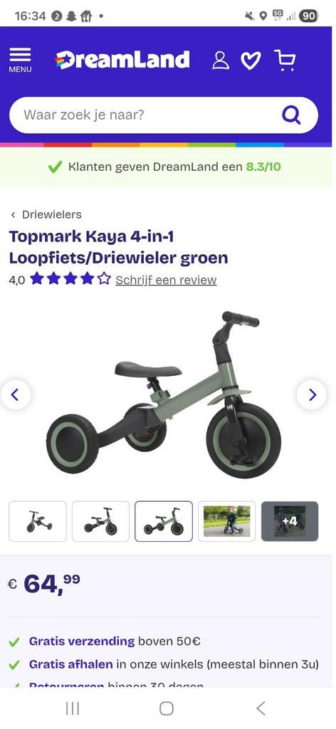 Topmark Kaya 4-in-1 Loopfiets/Driewieler groen, Ophalen, Zijwieltjes, Topmark, Minder dan 16 inch