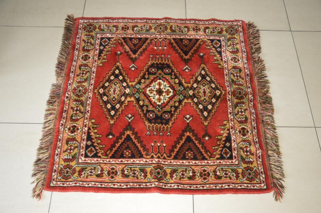 Vintage smyrna vloerkleed / tafelkleed met franjes vierkant, Huis en Inrichting, Stoffering | Tapijten en Kleden, Gebruikt, Vierkant