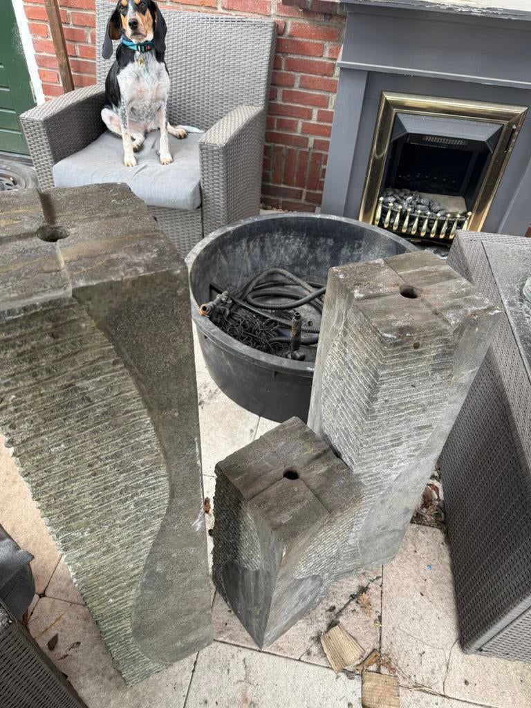 Waterornament met 3 pilaren en verlichting, Tuin en Terras, Waterpartijen en Fonteinen, Ophalen, Gebruikt, Graniet, Waterornament