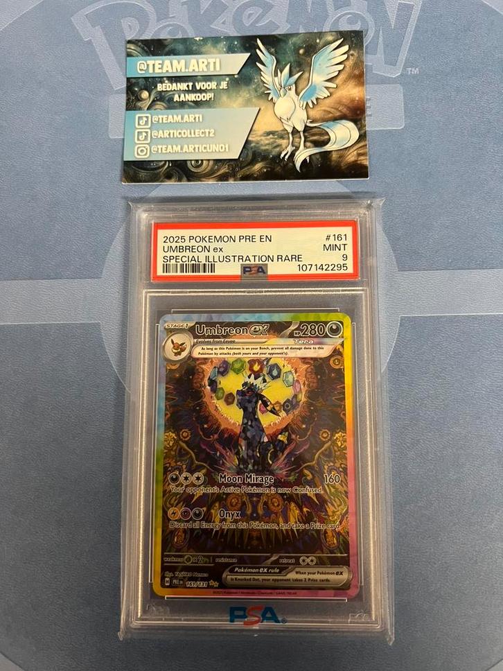 Umbreon ex PSA 9! Prismatic Evolutions, Hobby en Vrije tijd, Verzamelkaartspellen | Pokémon, Zo goed als nieuw, Losse kaart, Ophalen of Verzenden