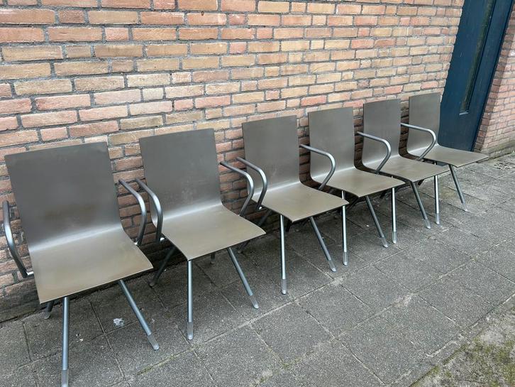 6 Arco Mikado stoelen, Huis en Inrichting, Stoelen, Gebruikt, Vijf, Zes of meer stoelen, Hout, Metaal, Grijs, Ophalen