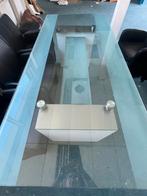 Glazen eettafel met 6 lederen stoelen en 2 bijhorende poeven, Ophalen, Gebruikt