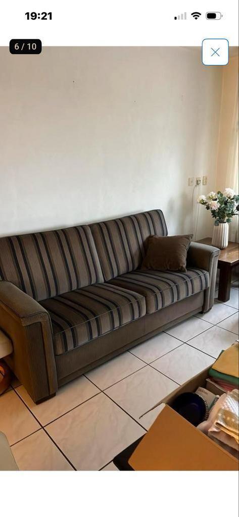 Vintage bank met mooie gestreepte vloerse stof, Huis en Inrichting, Banken | Bankstellen, Gebruikt, Tweepersoons, 200 tot 250 cm