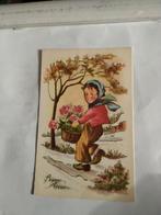 BONNE ANNEE.     MET EEN MAND VOL BLOEMEN OP STAP 1957, Verzamelen, Ansichtkaarten | Themakaarten, Ophalen of Verzenden, 1940 tot 1960